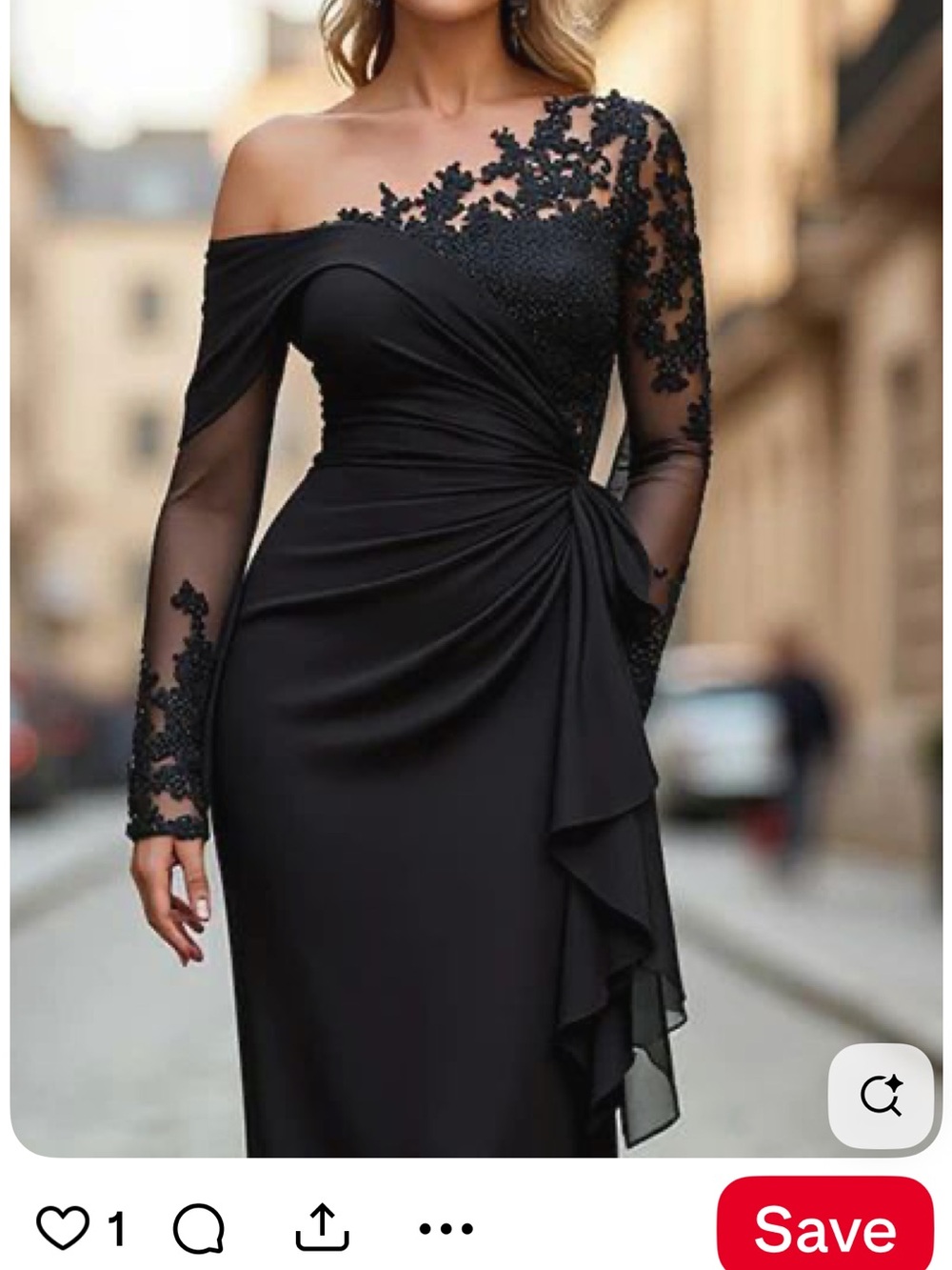 One-Shoulder Black Lace Appliqué Evening Gown